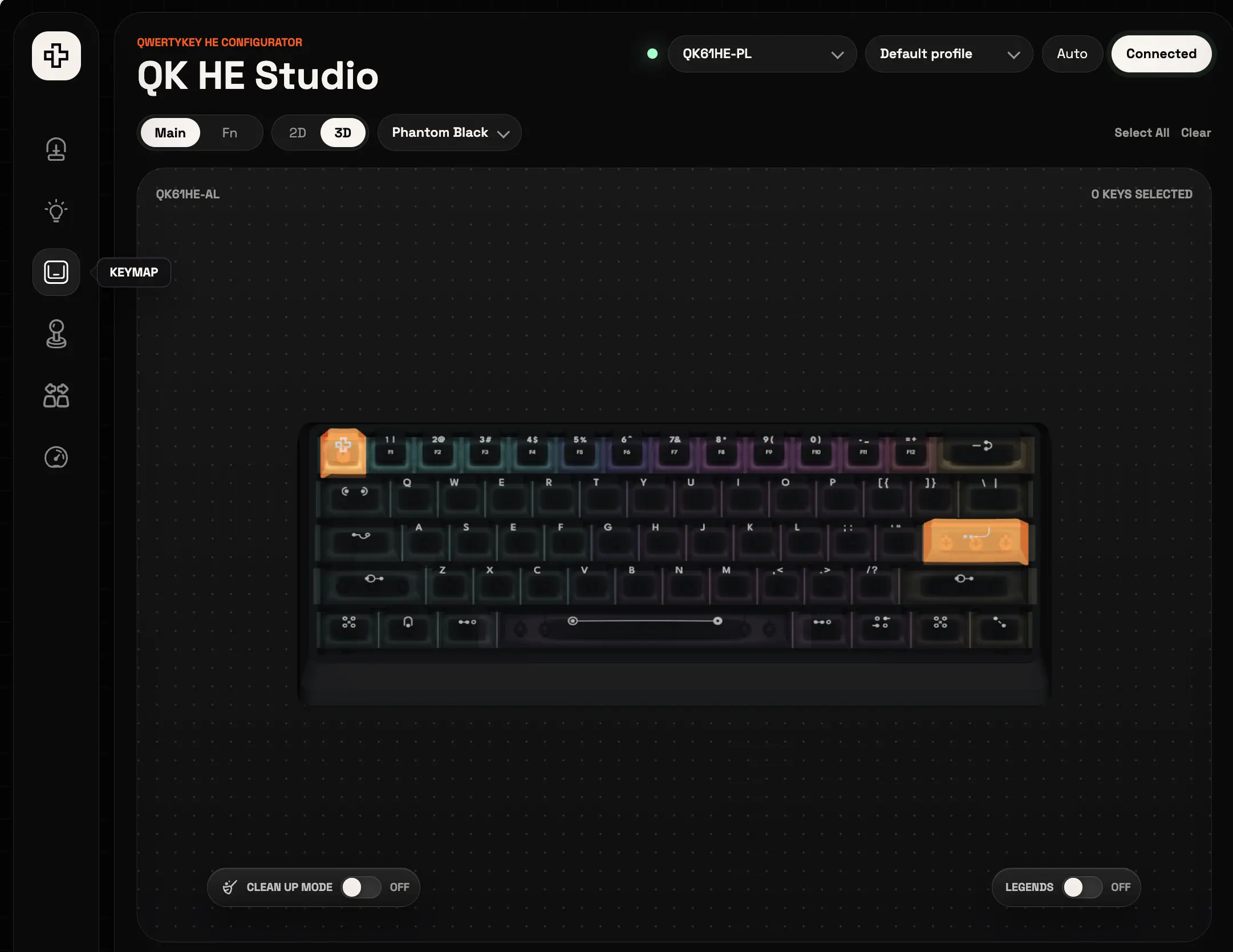 3D QK61HE-PL keyboard with keys selected for remapping