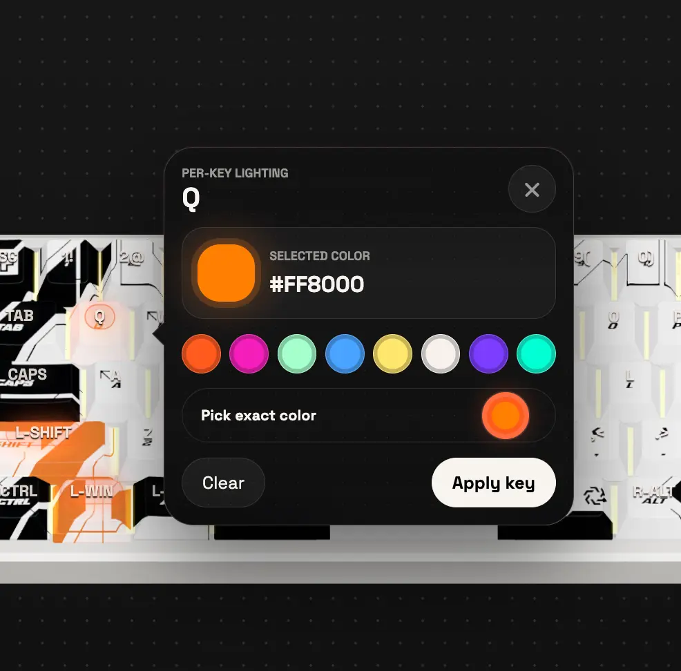 Per-key lighting color controls on a 3D keyboard