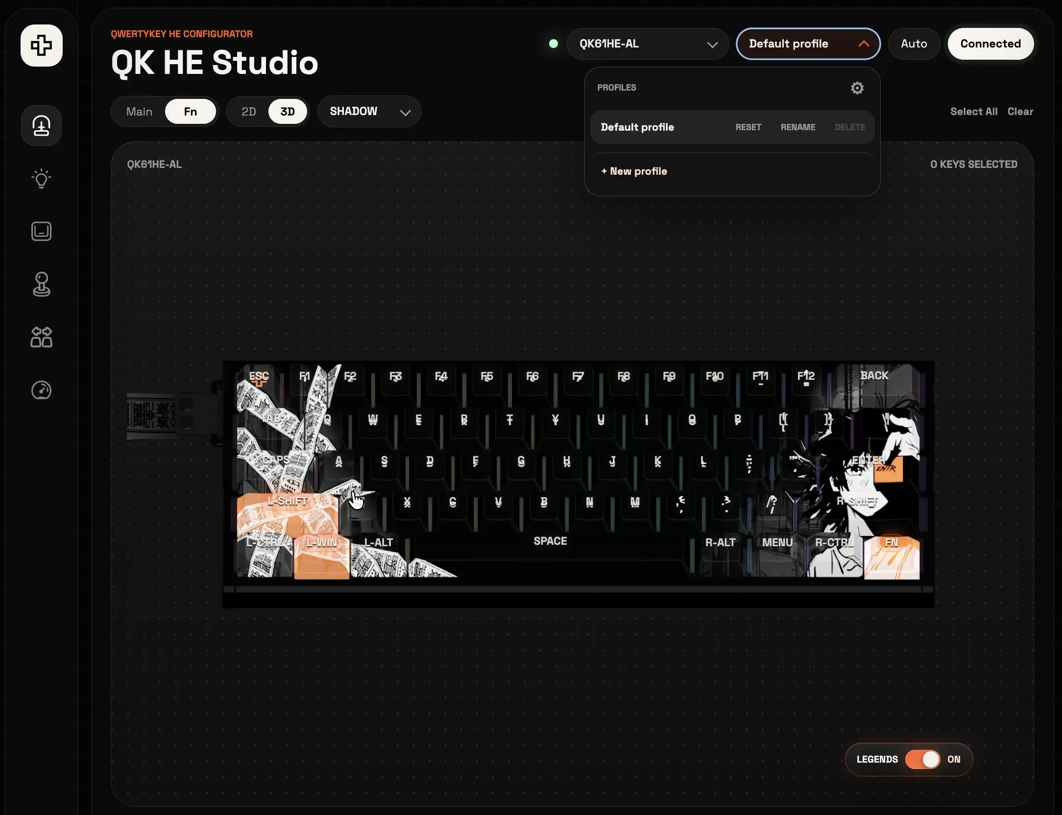 Profile selector above a 3D QK61HE-AL keyboard