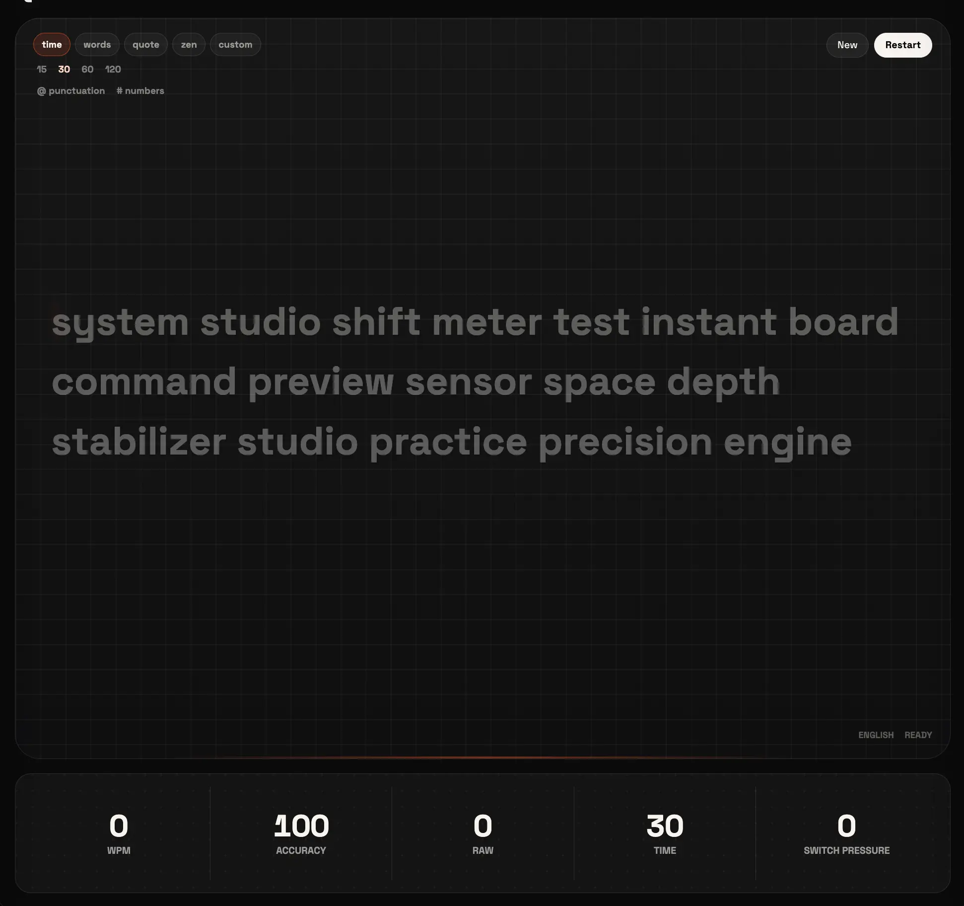 Built-in typing test with speed, accuracy and switch pressure metrics