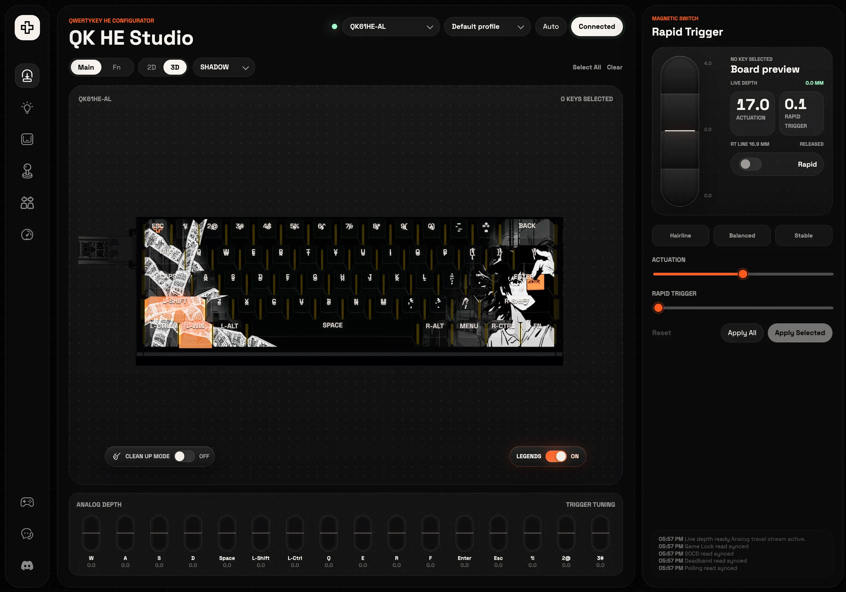 QK HE Studio showing a 3D keyboard and Rapid Trigger controls