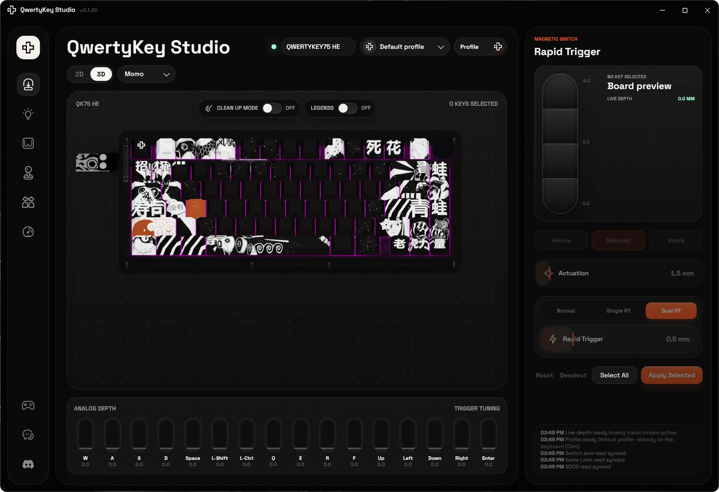 QwertyKey Studio showing a QwertyKey75 HE keyboard and Rapid Trigger controls