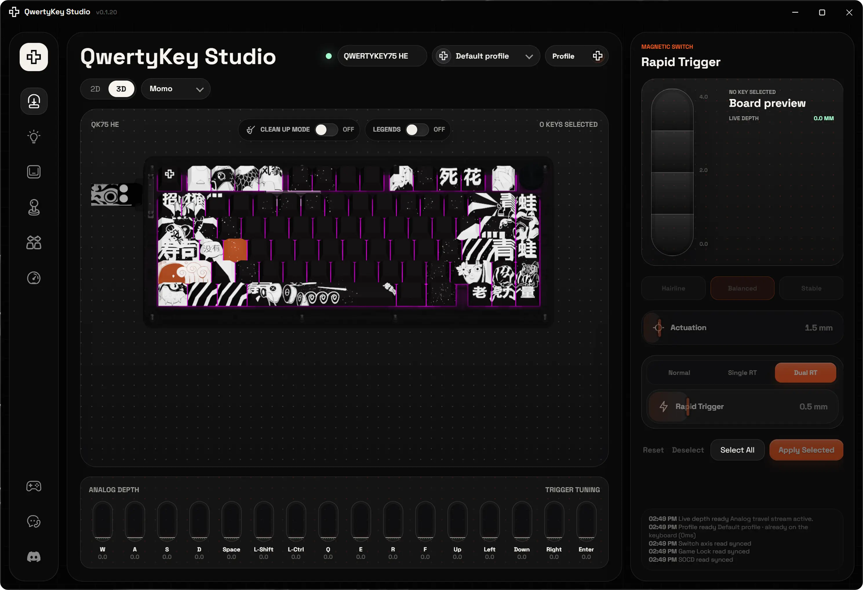 QwertyKey Studio showing a QwertyKey75 HE keyboard and Rapid Trigger controls